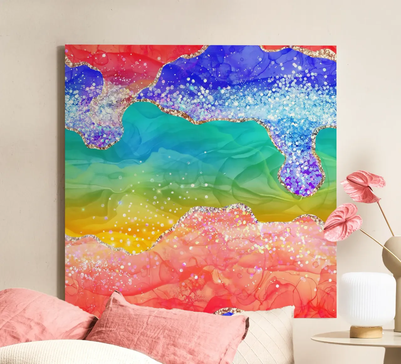 Lebendiger Regenbogen-Glitzer-Achat Struktur 03 Leinwand mit Schattenfugenrahmen von Gemstone Textures