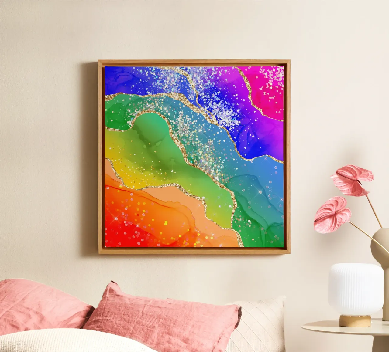 Lebendiger Regenbogen-Glitzer-Achat Struktur 06 Leinwand mit Schattenfugenrahmen von Gemstone Textures