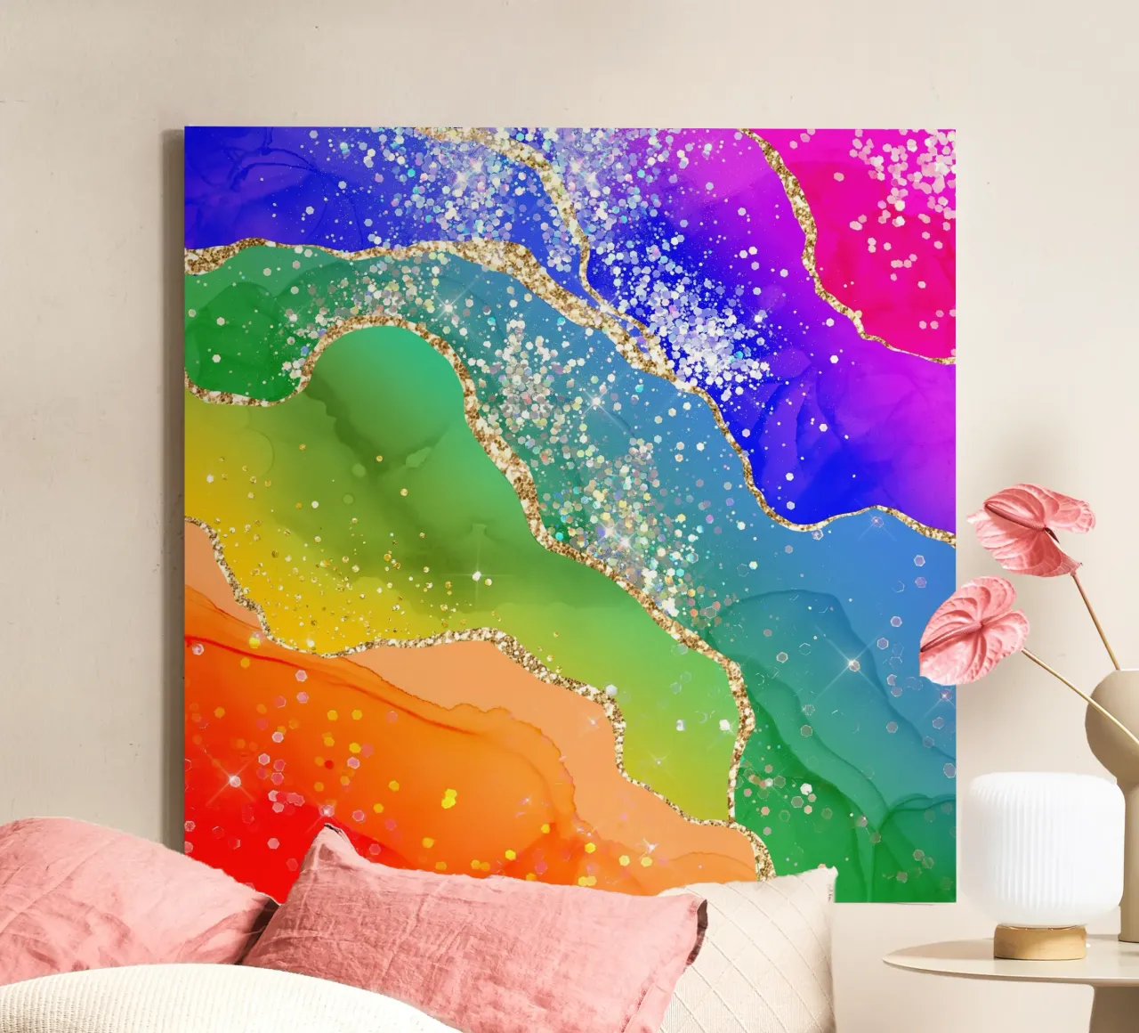 Lebendiger Regenbogen-Glitzer-Achat Struktur 06 Leinwand mit Schattenfugenrahmen von Gemstone Textures
