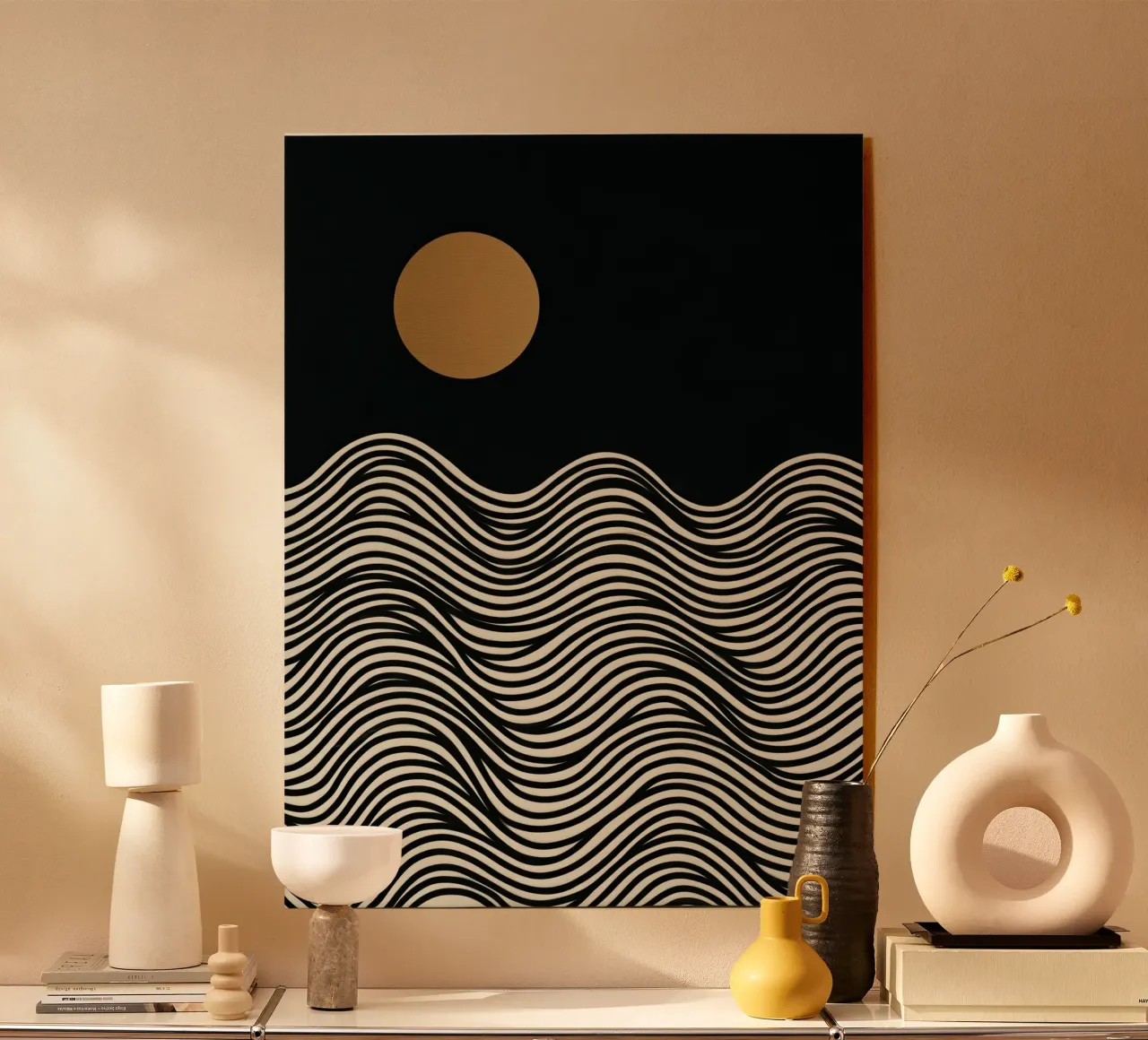 Luna piena dorata in riva al mare | Line Art plexiglass da Autofocus