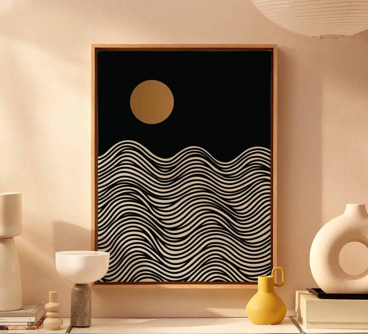 Pleine lune dorée au bord de la mer | Line Art toile avec Caisse américaine de Autofocus