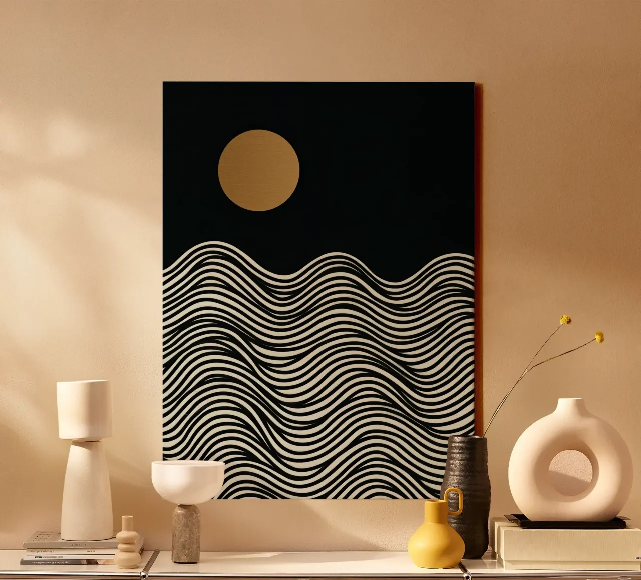 Pleine lune dorée au bord de la mer | Line Art toile avec Caisse américaine de Autofocus