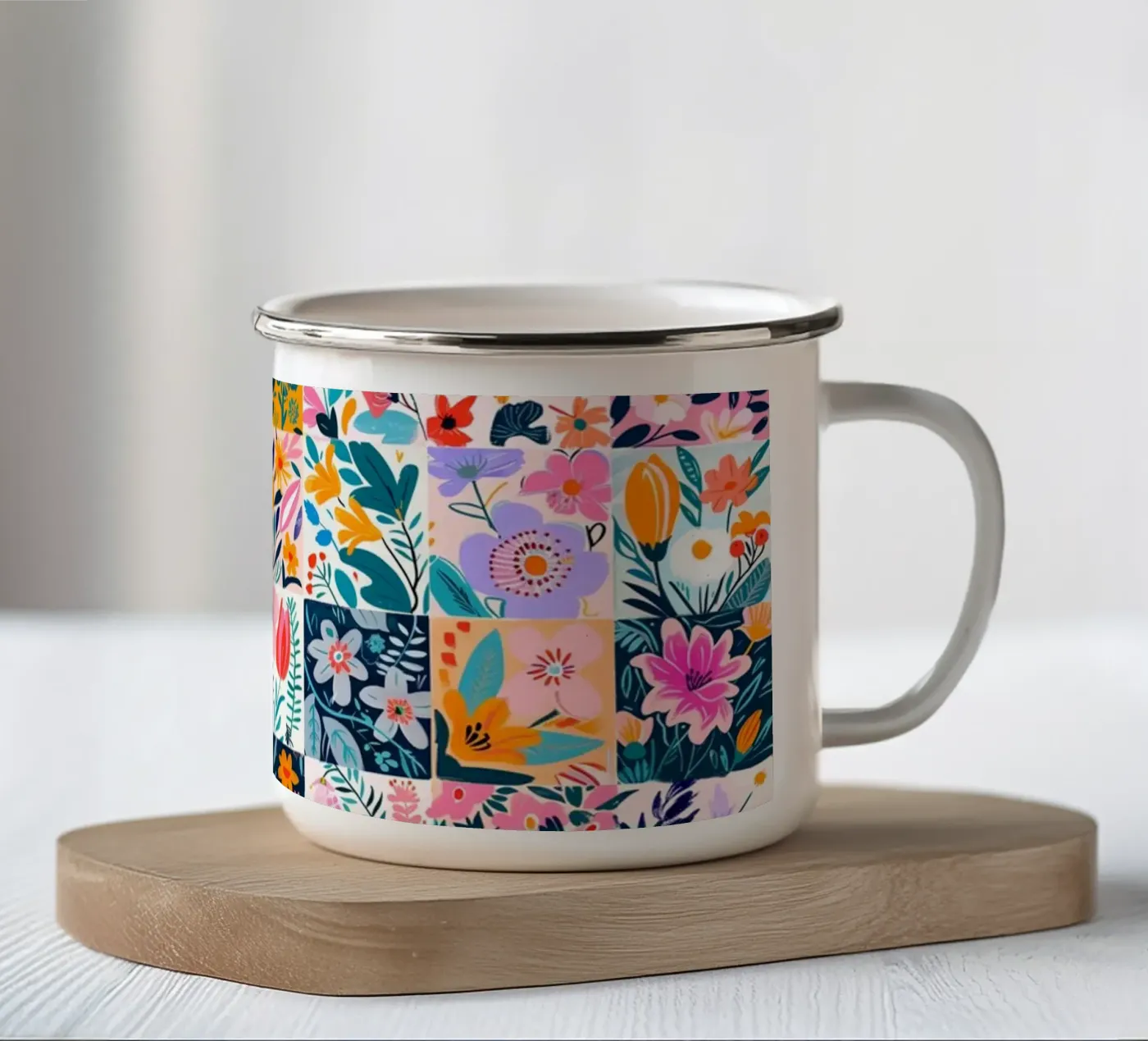 Floral Patchwork enamel mug by Sunflower Soul Studio