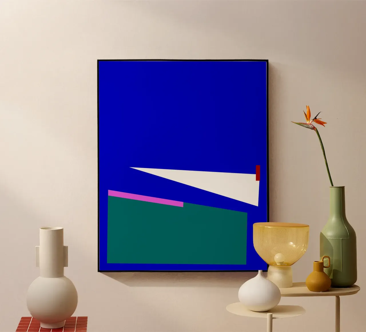 Geometrische abstracte compositie in blauw, groen en roze acryl van Artbyvo