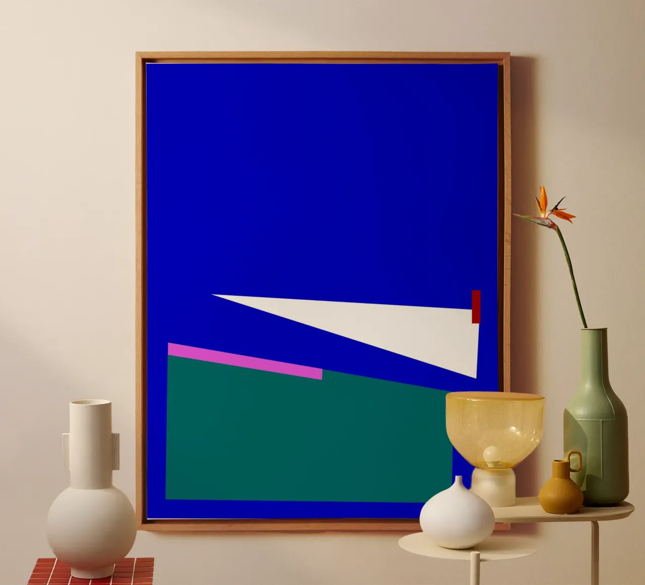 Geometrische abstracte compositie in blauw, groen en roze canvas van Artbyvo