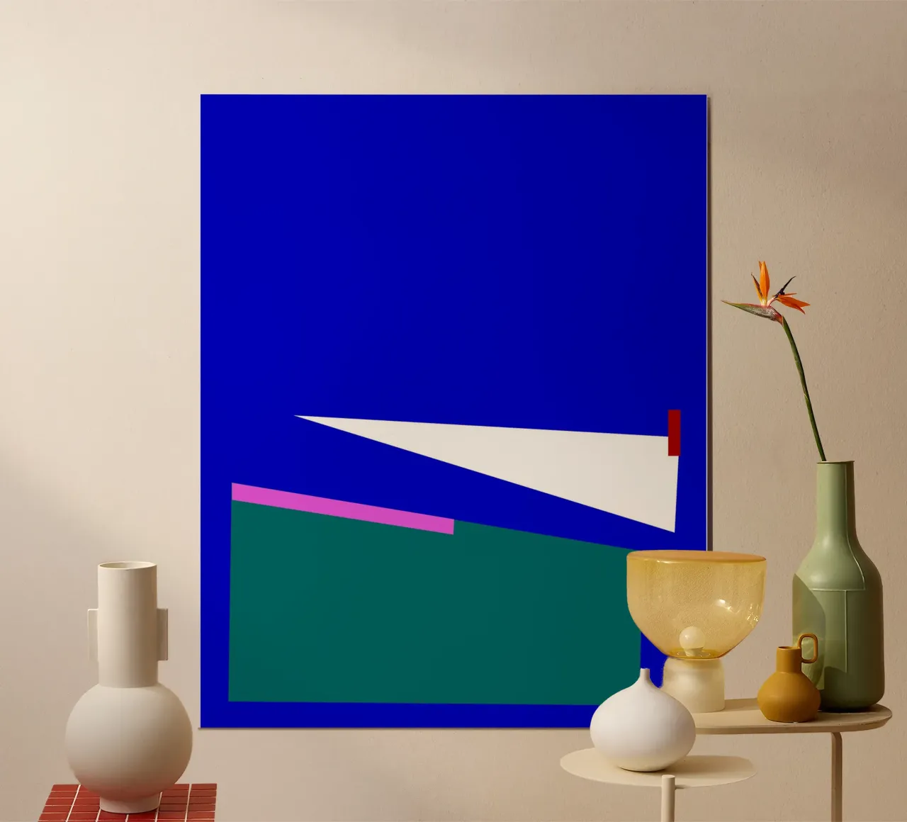 Geometrische abstracte compositie in blauw, groen en roze hahnemühle van Artbyvo