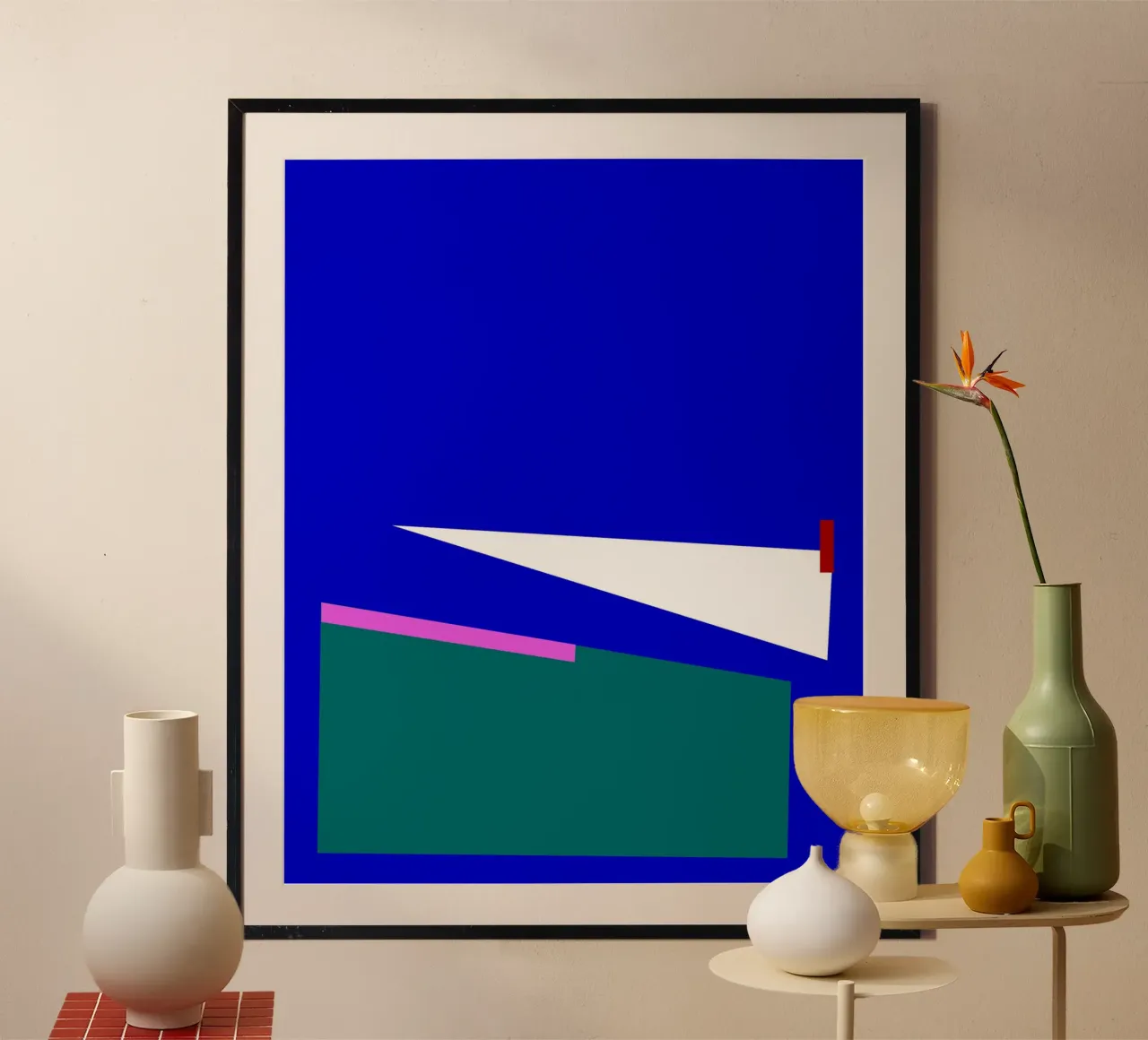 Geometrische abstracte compositie in blauw, groen en roze hahnemühle van Artbyvo