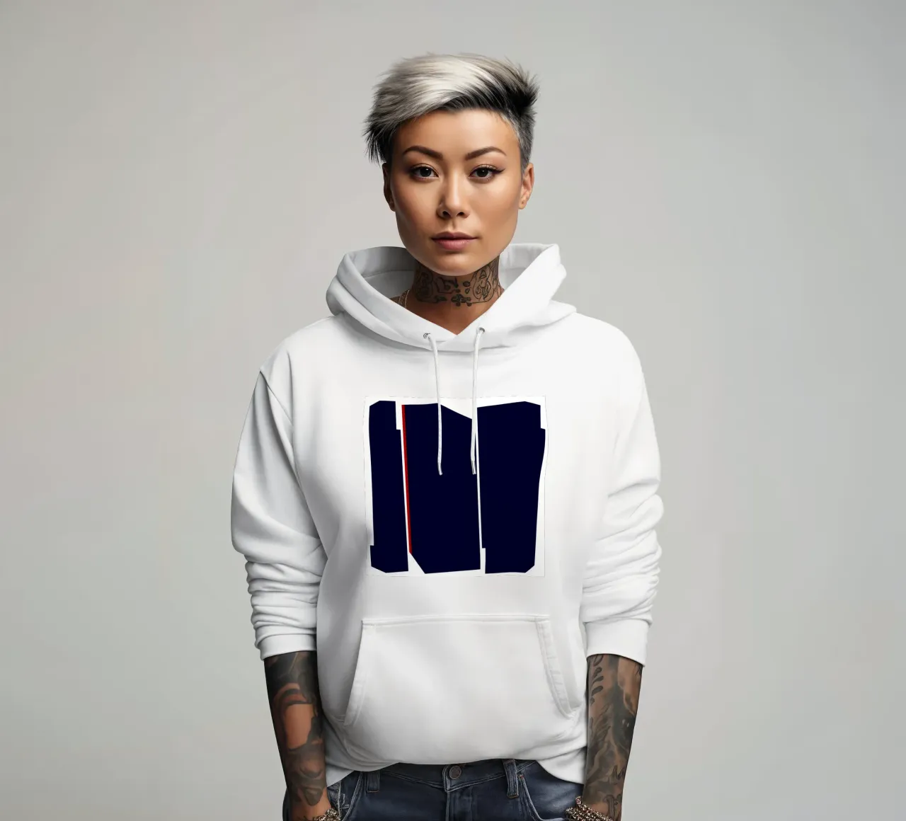 Forme geometriche con linea rossa, blu scuro felpa con cappuccio da Artbyvo