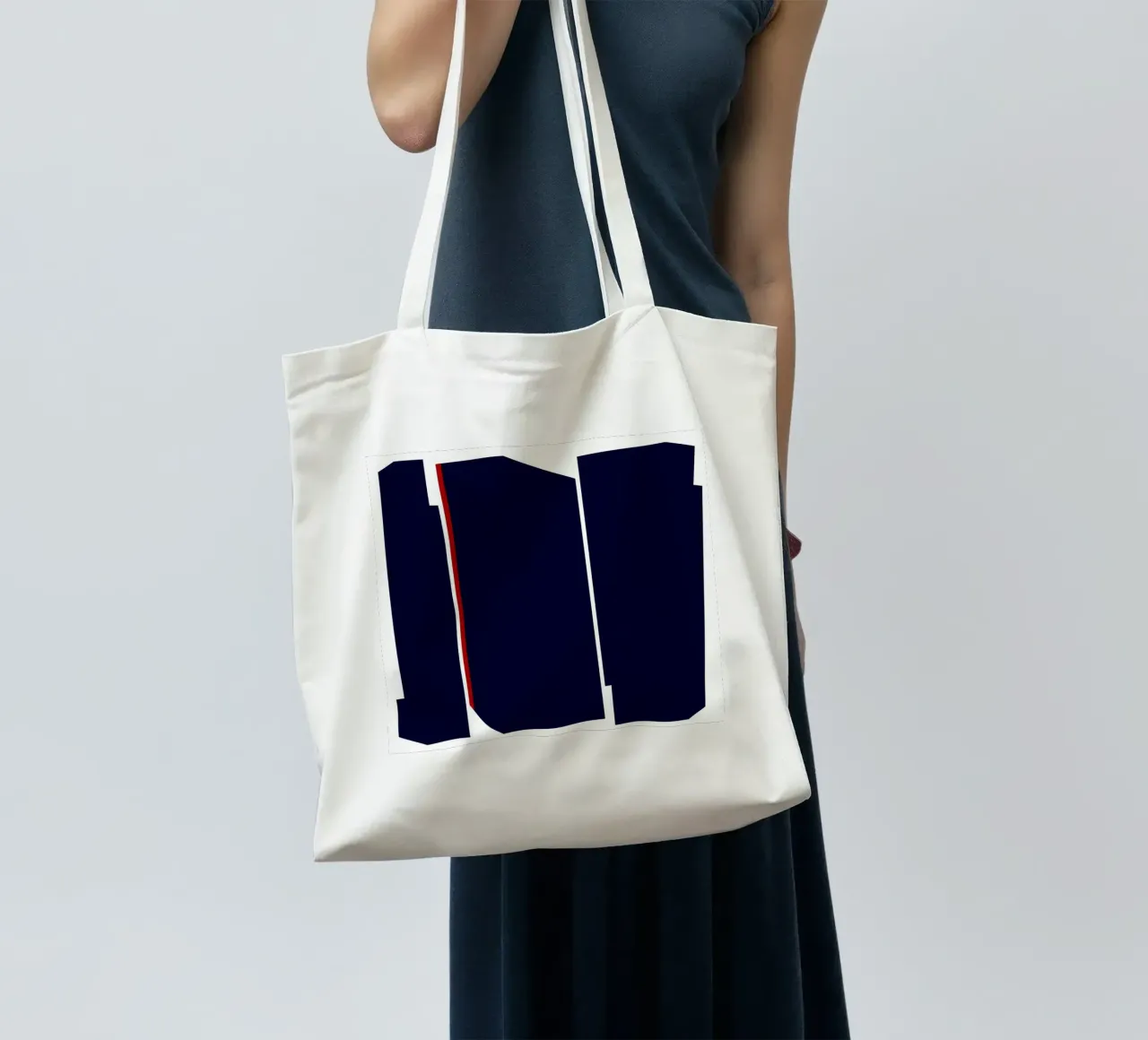 Forme geometriche con linea rossa, blu scuro borsa in juta da Artbyvo