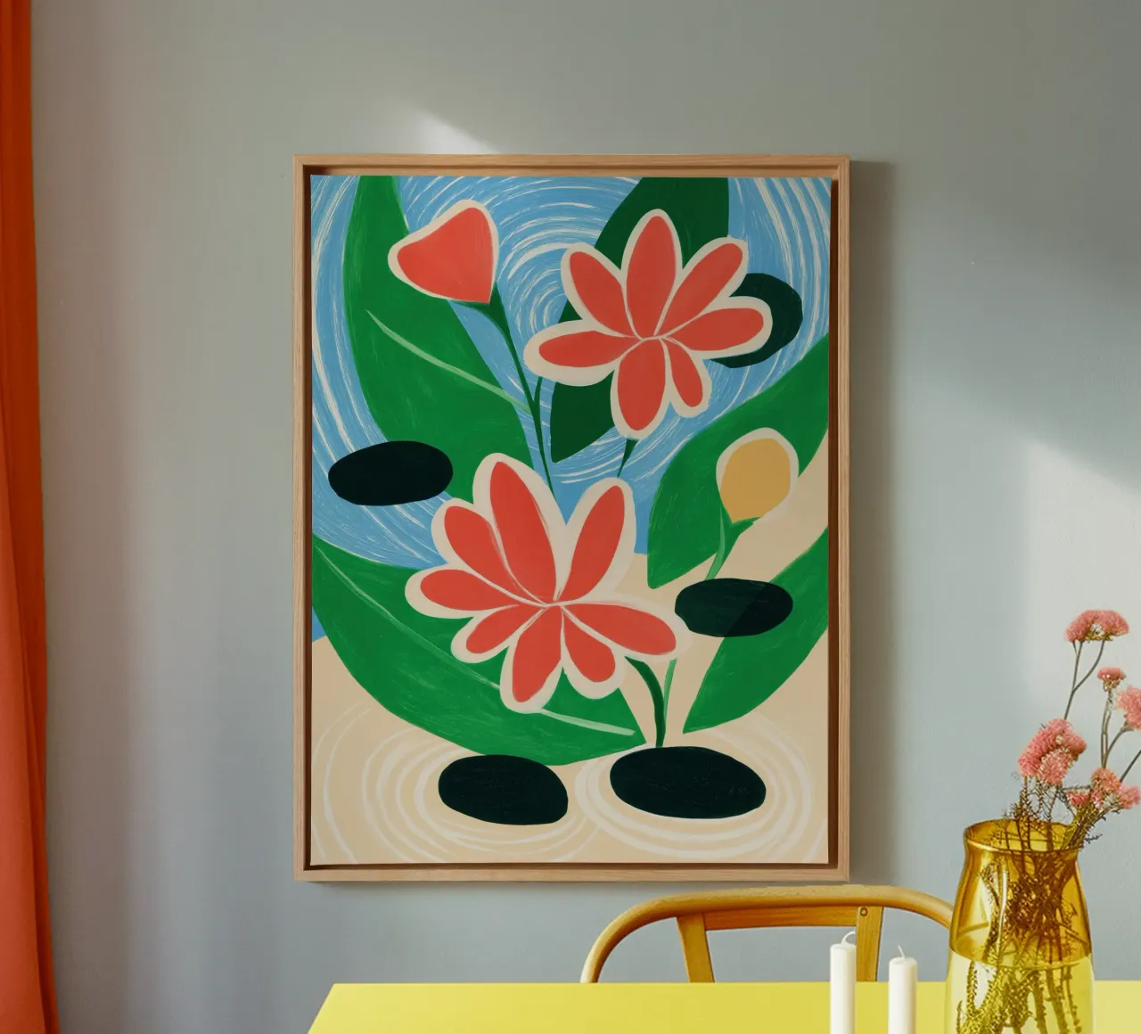 Positive thinking at the garden pond | Optimistic painting canvas with Floater frame by Autofocus