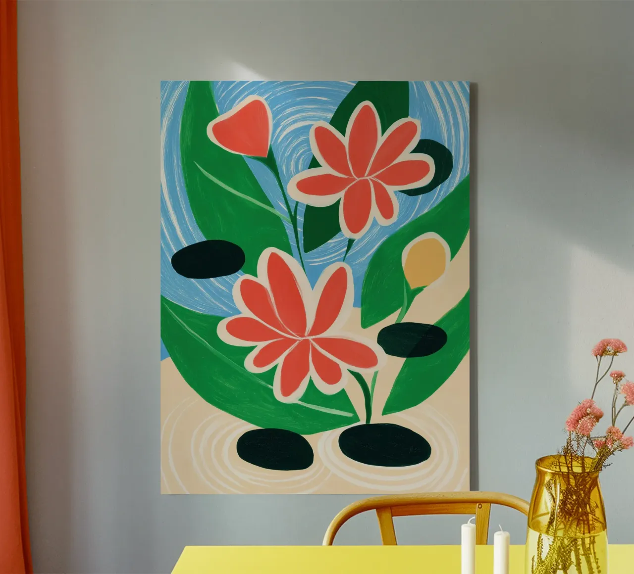 Positive thinking at the garden pond | Optimistic painting canvas with Floater frame by Autofocus