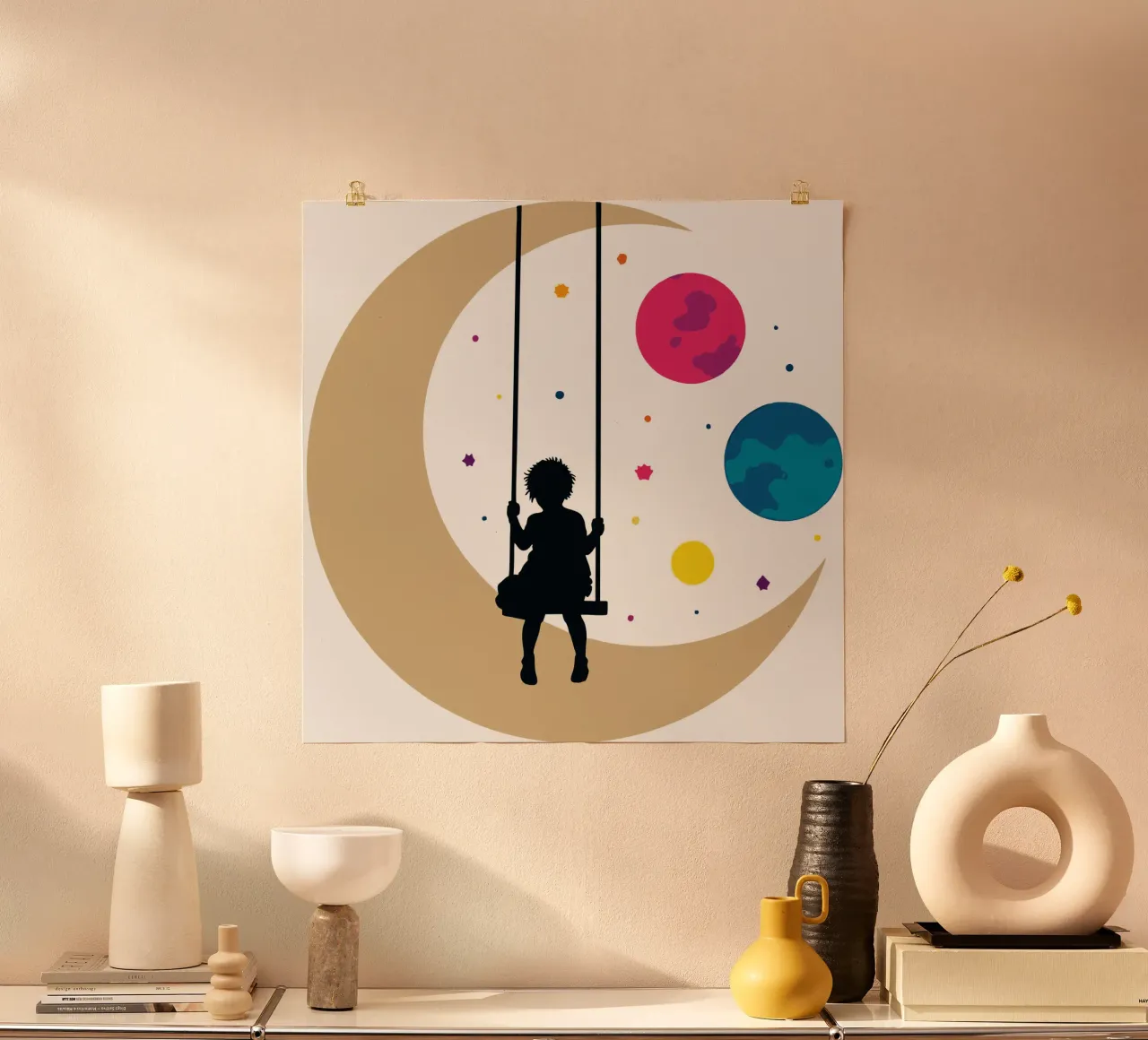 Sognatore dell'altalena della luna poster con telaio in plastica da artdesign1985