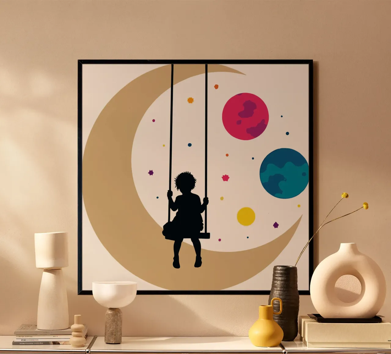 Sognatore dell'altalena della luna poster con telaio in plastica da artdesign1985