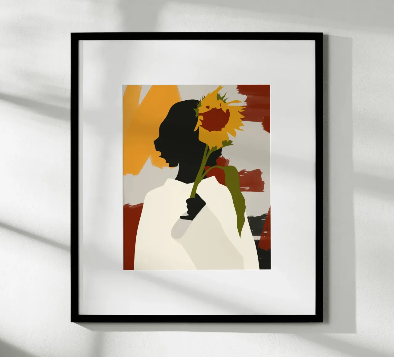 Anima in ombra con stampa di girasoli poster con telaio in legno da Kintsugi99
