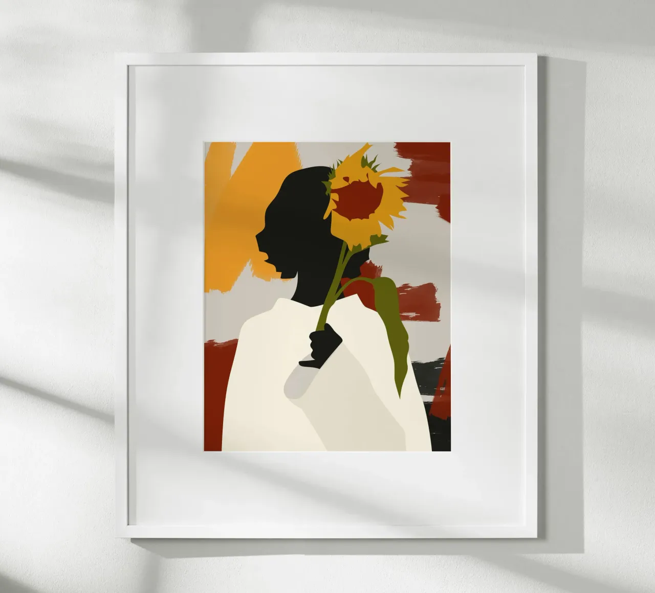 Anima in ombra con stampa di girasoli poster con telaio in legno da Kintsugi99