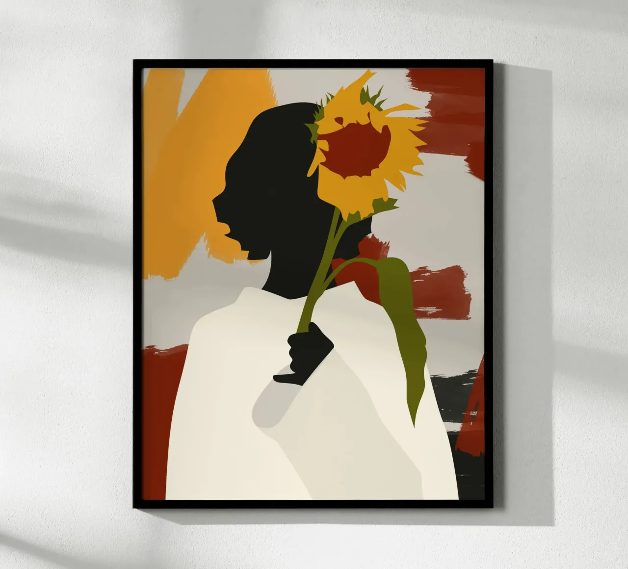 Anima in ombra con stampa di girasoli poster con telaio in legno da Kintsugi99