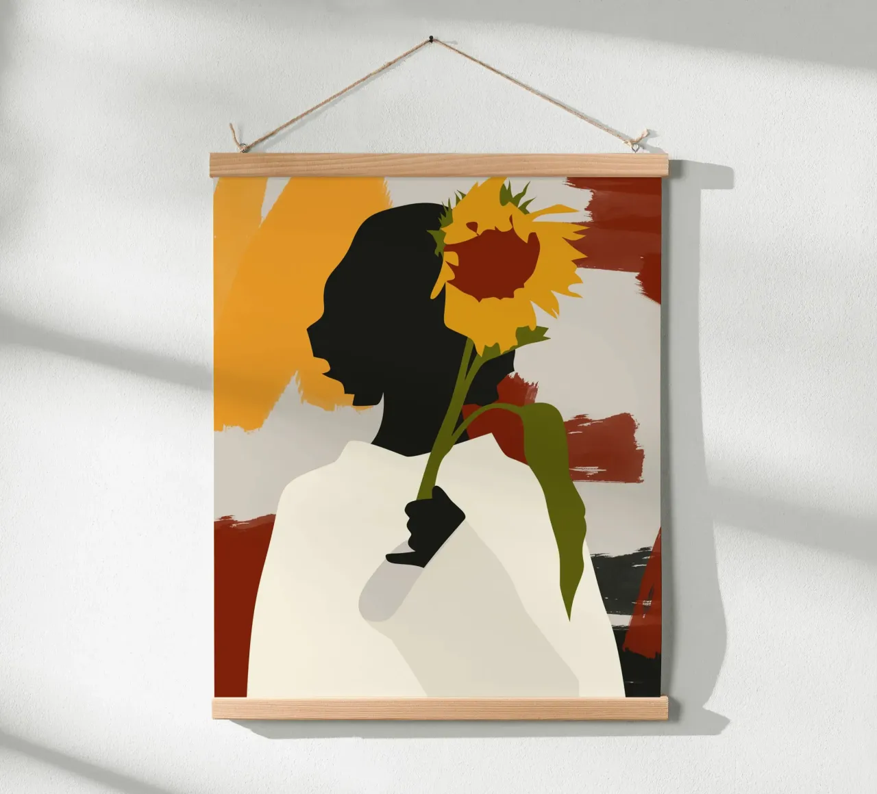 Anima in ombra con stampa di girasoli poster con telaio in legno da Kintsugi99