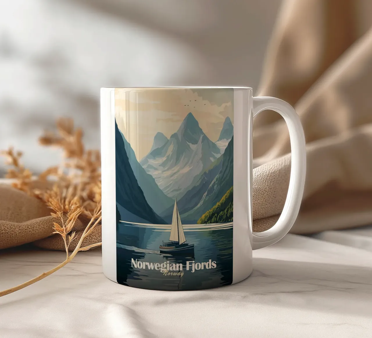 fjord montagnes voilier eau nuages mug en céramique de Kirsten C Nolan