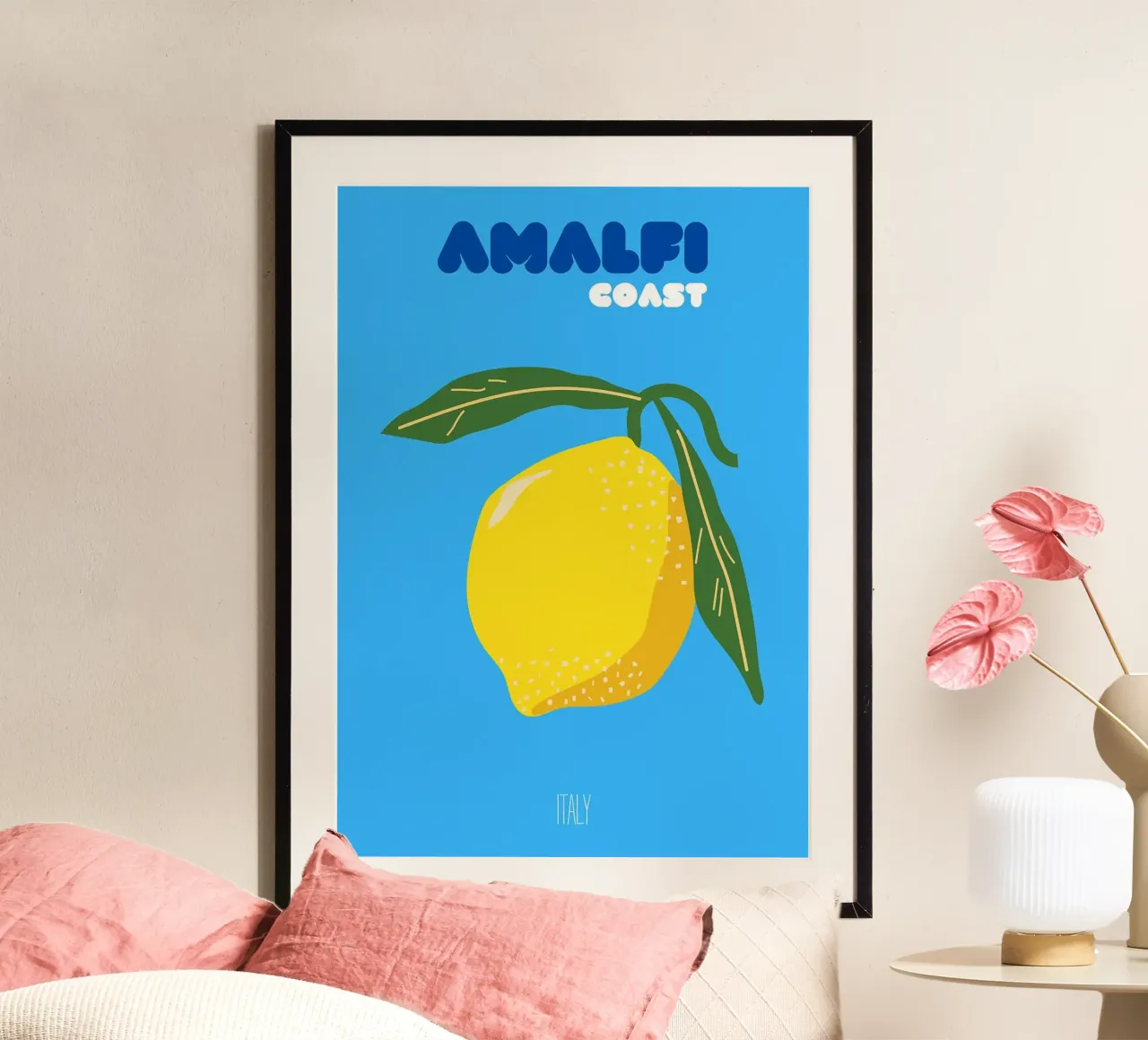 testo foglie di limone Costa d'Amalfi poster con telaio in legno da James Isaac Jackson