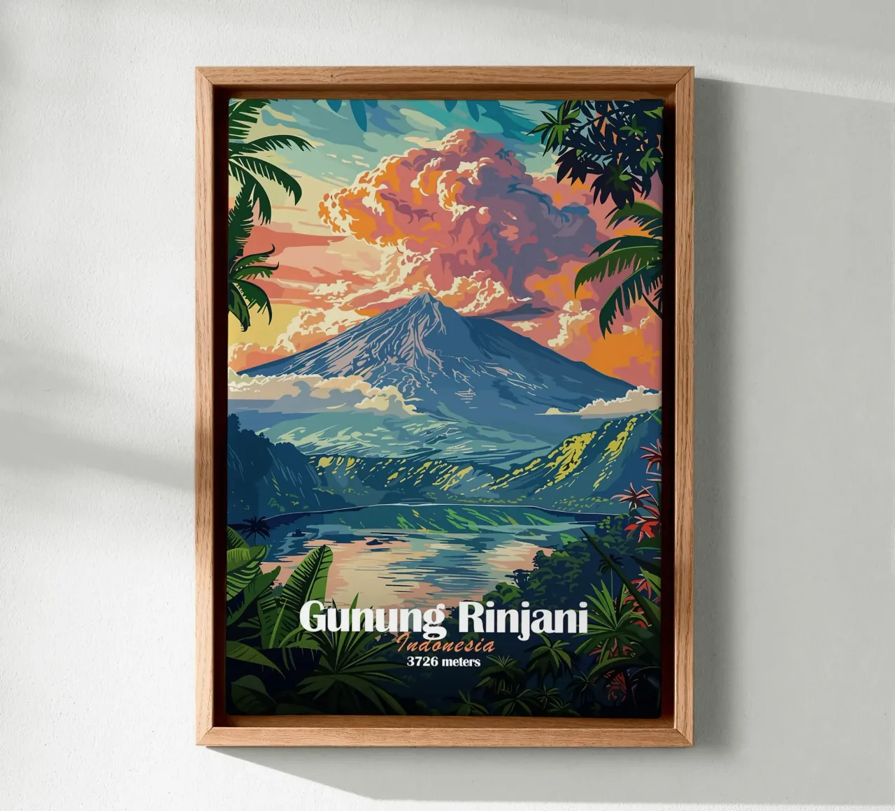 berg rinjani vulkaan tropisch gebladerte meer canvas met Baklijst van James Isaac Jackson