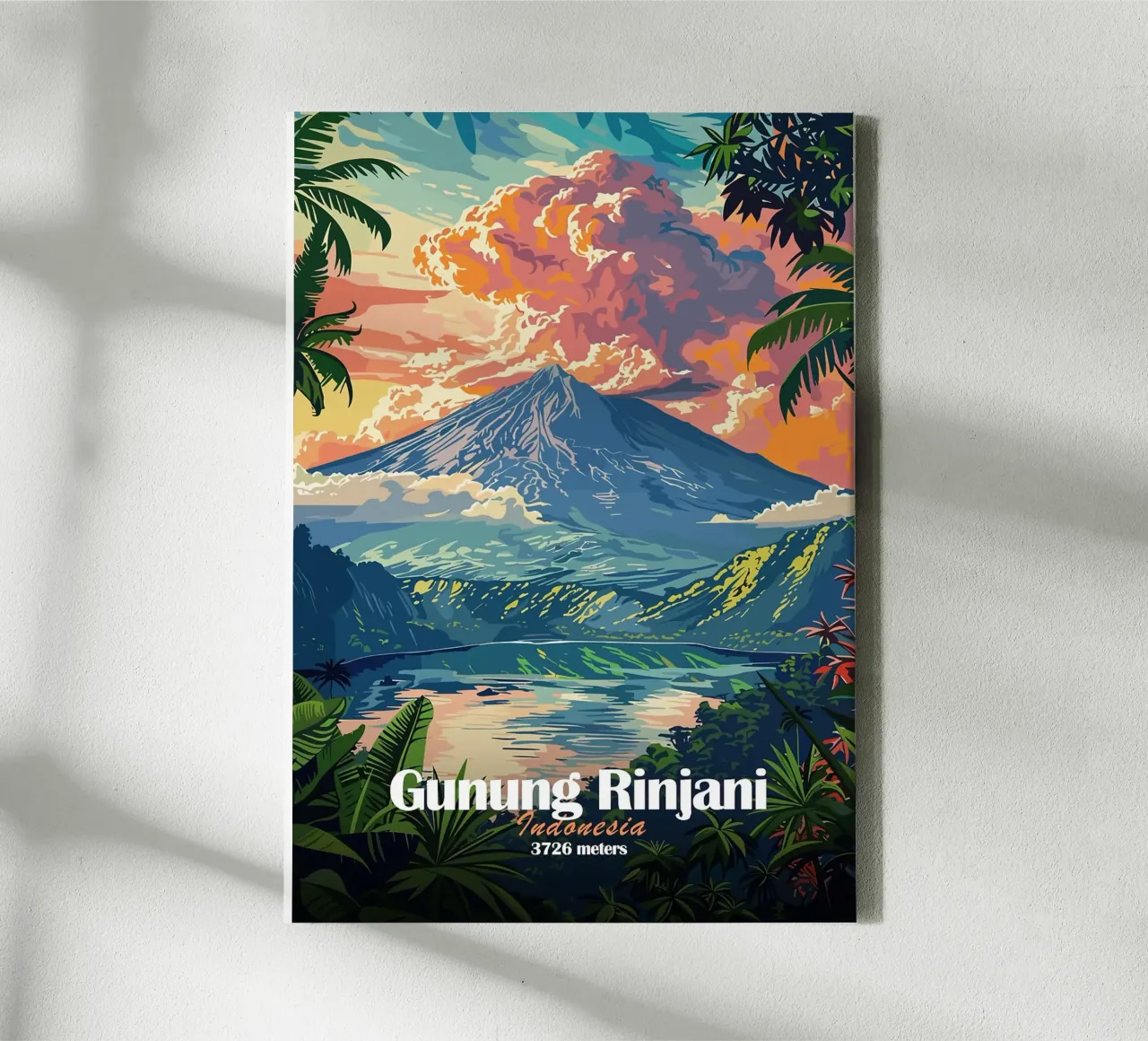 berg rinjani vulkaan tropisch gebladerte meer canvas met Baklijst van James Isaac Jackson