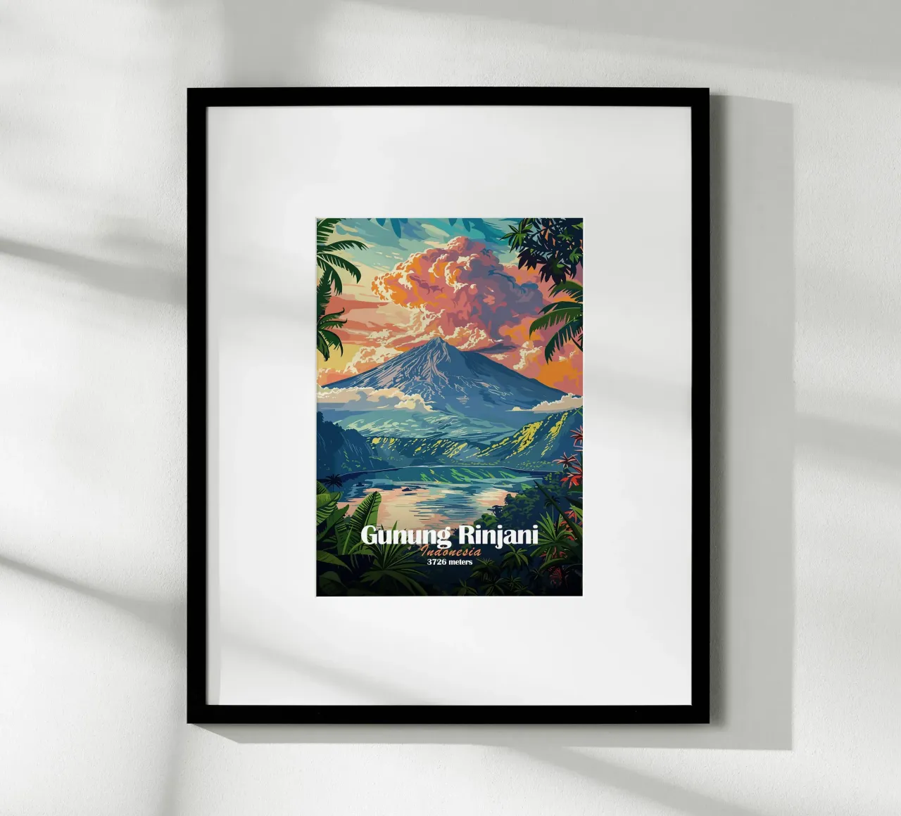 vulcano del monte rinjani lago di fogliame tropicale poster con telaio in alluminio da James Isaac Jackson