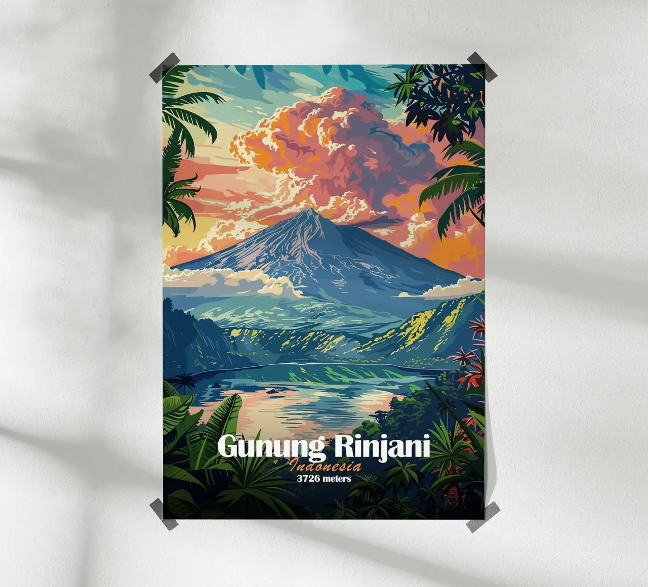 vulcano del monte rinjani lago di fogliame tropicale poster con telaio in alluminio da James Isaac Jackson