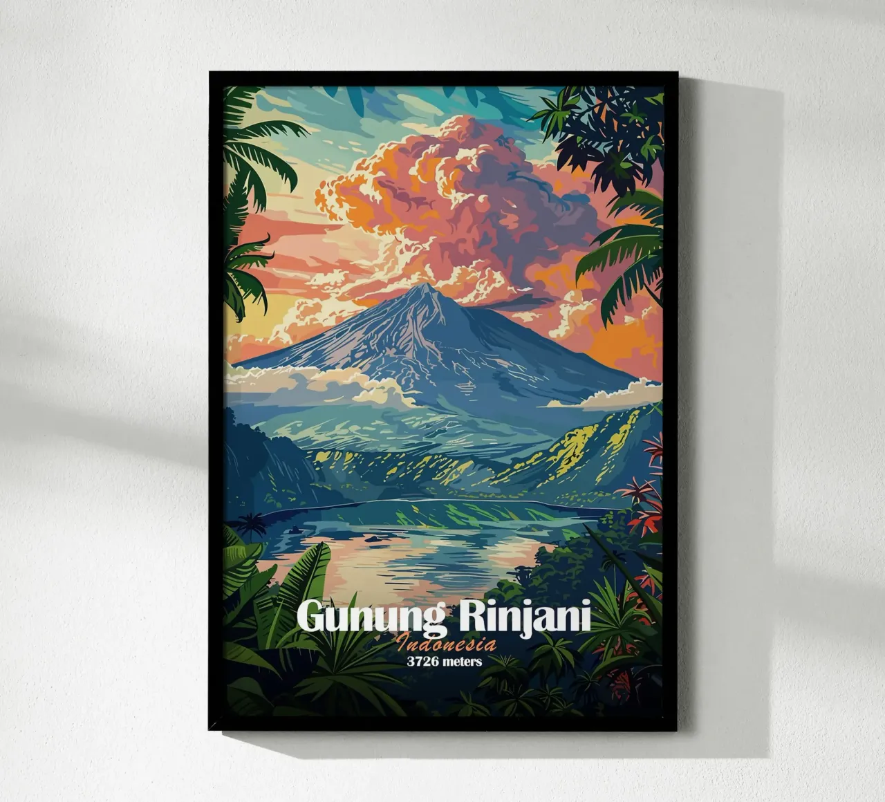 vulcano del monte rinjani lago di fogliame tropicale poster con telaio in alluminio da James Isaac Jackson