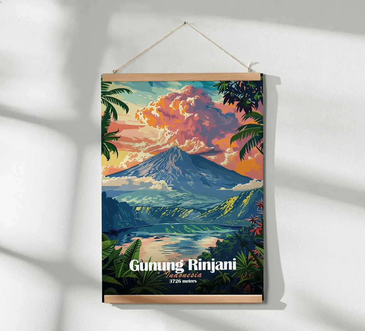 vulcano del monte rinjani lago di fogliame tropicale poster con telaio in alluminio da James Isaac Jackson