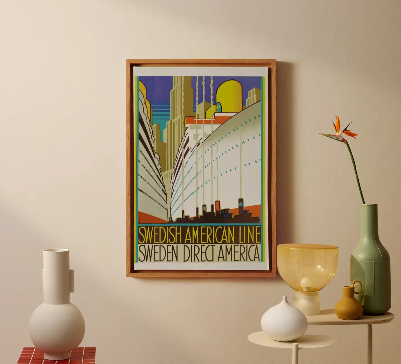 Monogrammed HR-Swedish American Line (Printed by Ronald Massey, London) canvas met Baklijst van ARTOTHEK
