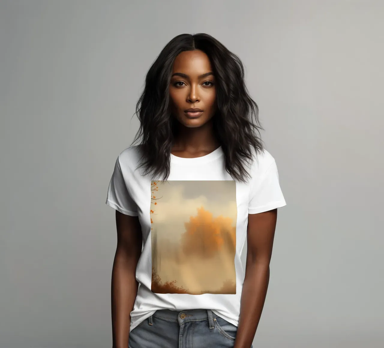 Vibrant autumn trees emerge through morning fog women's fitted t-shirt by DesignDoodle