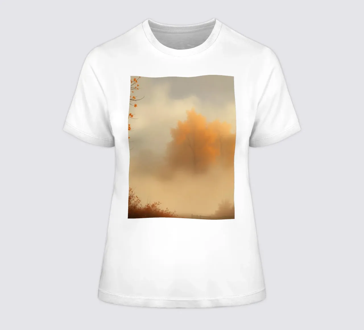 Vibrant autumn trees emerge through morning fog women's fitted t-shirt by DesignDoodle
