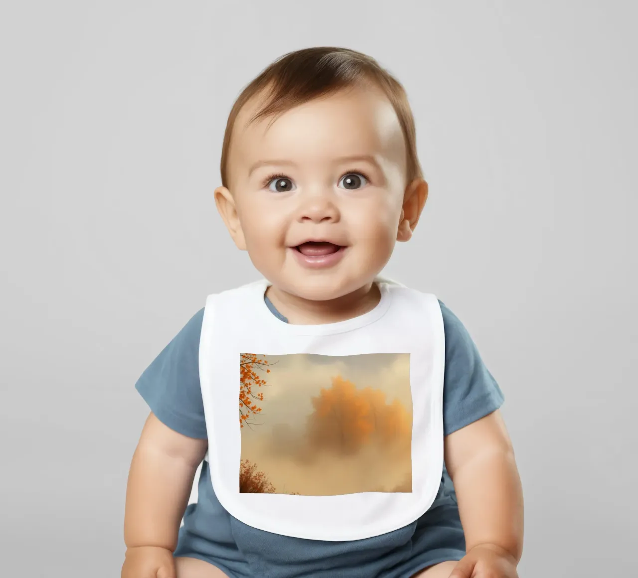 Vibrant autumn trees emerge through morning fog baby bib by DesignDoodle