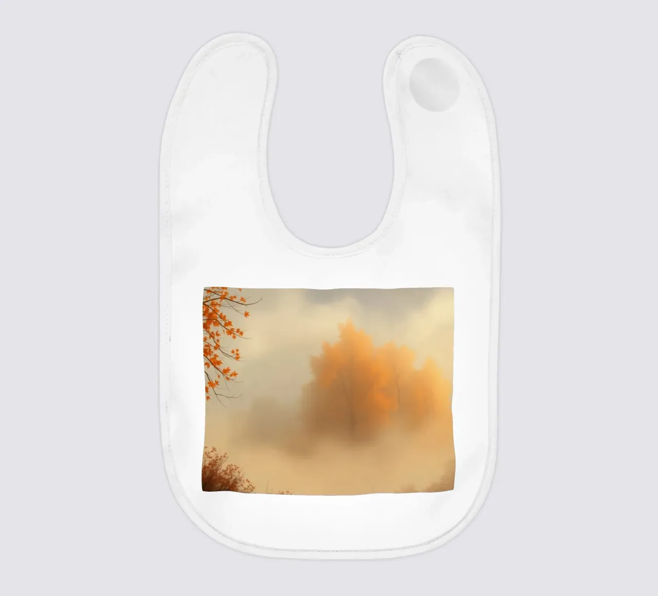 Vibrant autumn trees emerge through morning fog baby bib by DesignDoodle