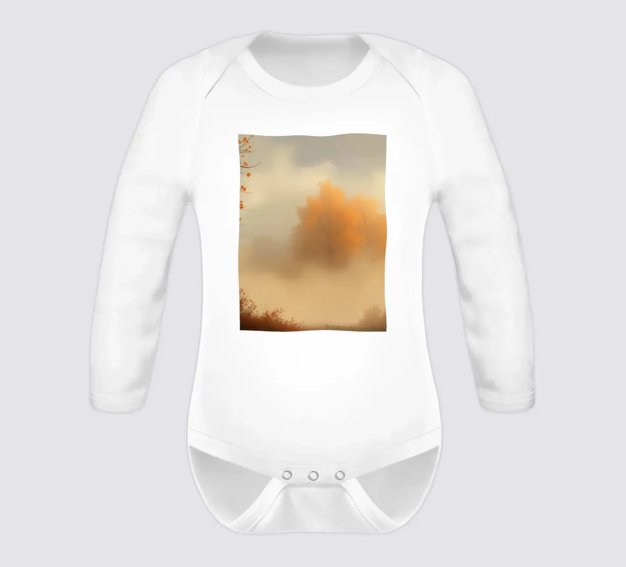 Vibrant autumn trees emerge through morning fog long-sleeve baby romper by DesignDoodle