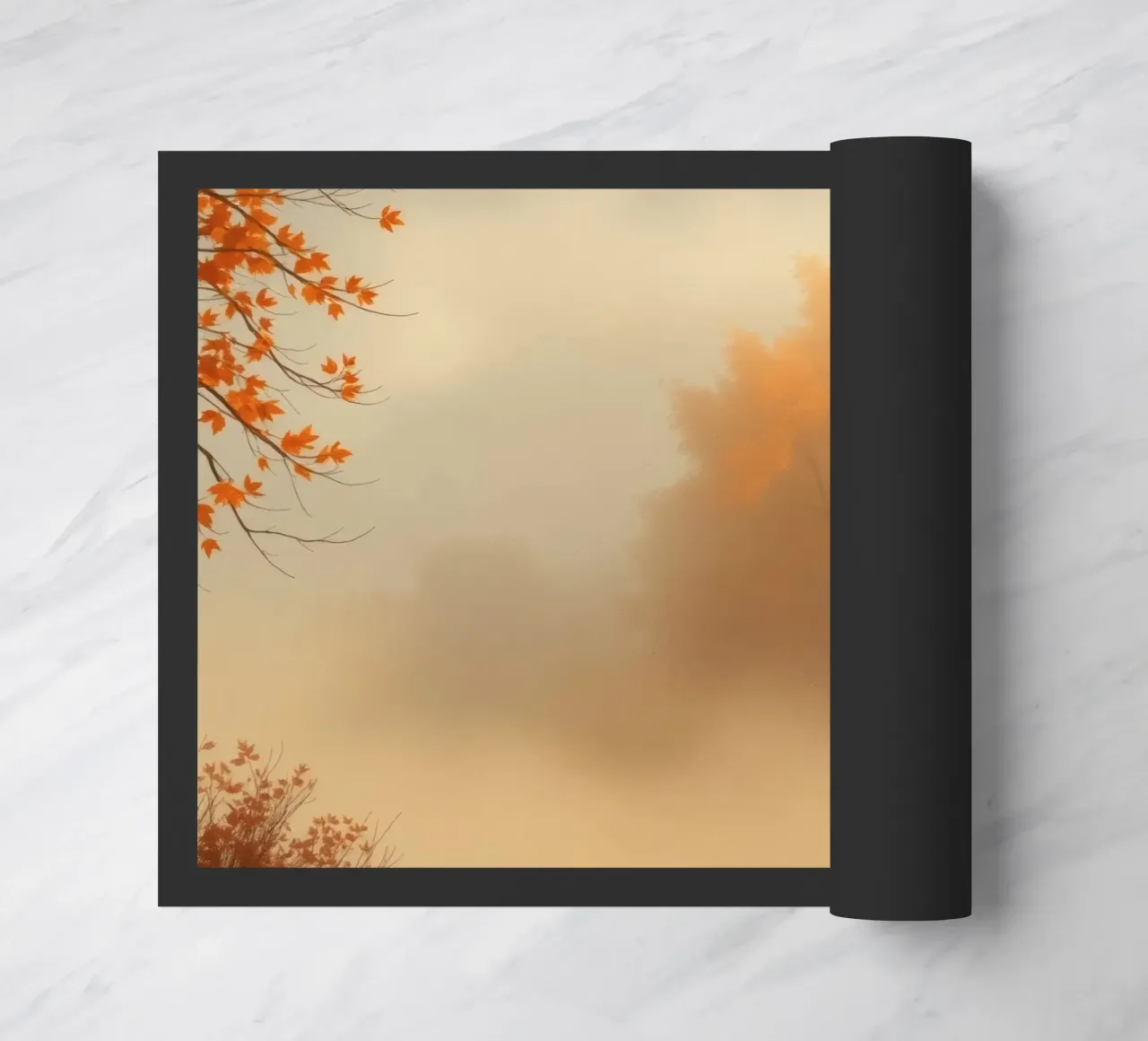 Vibranti alberi autunnali emergono dalla nebbia mattutina zerbino da DesignDoodle
