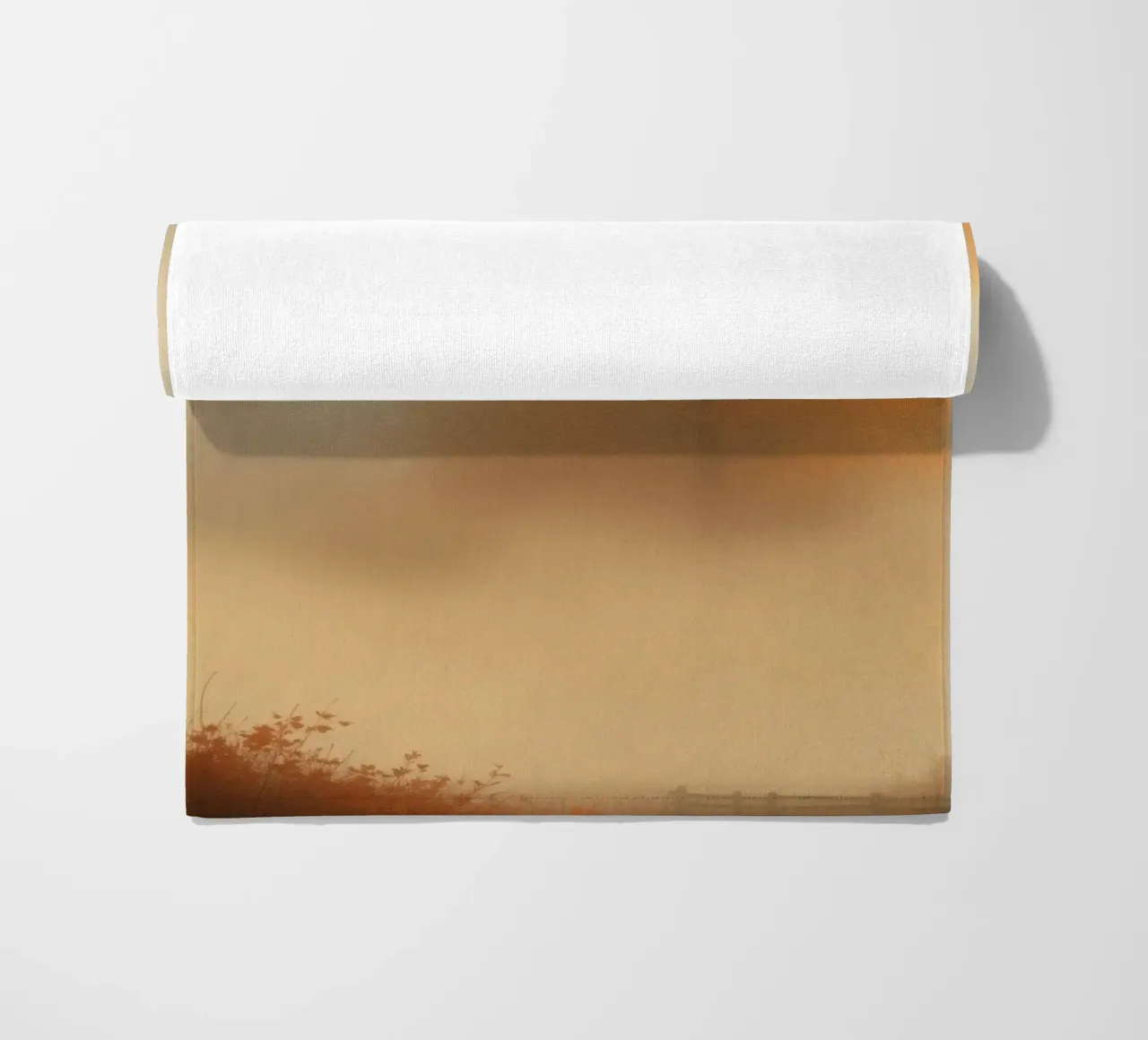 Vibrant autumn trees emerge through morning fog beach towel by DesignDoodle