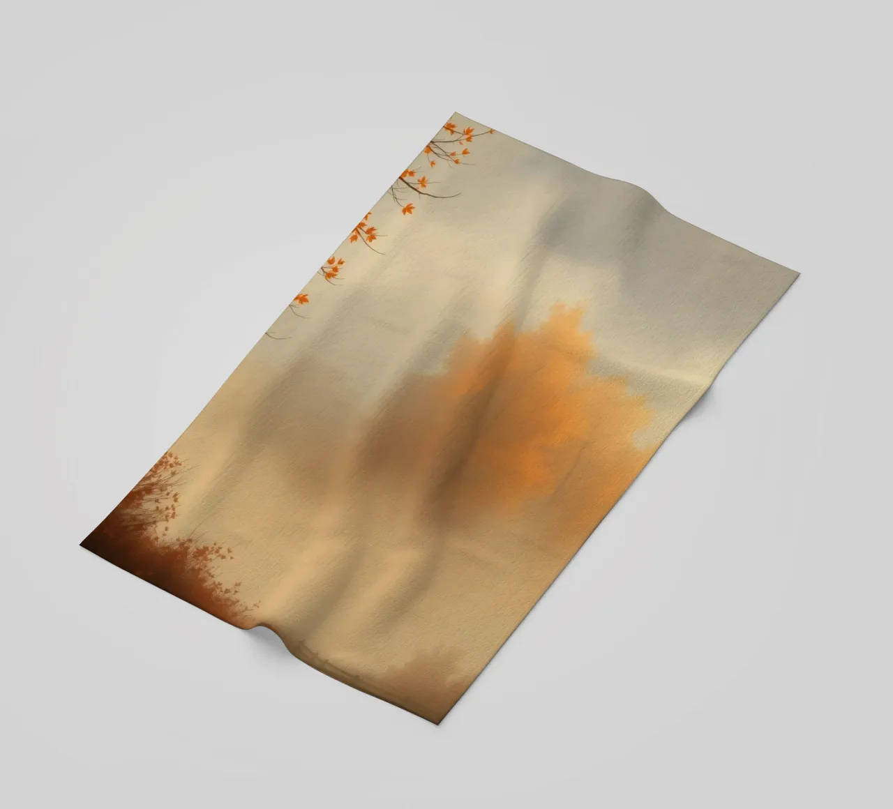 Vibrant autumn trees emerge through morning fog beach towel by DesignDoodle