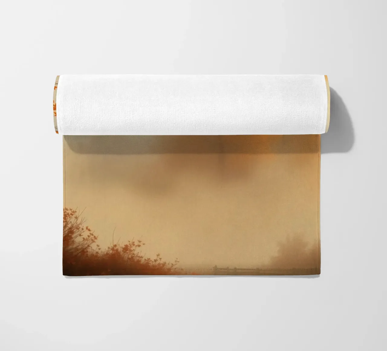 Vibrant autumn trees emerge through morning fog beach towel by DesignDoodle