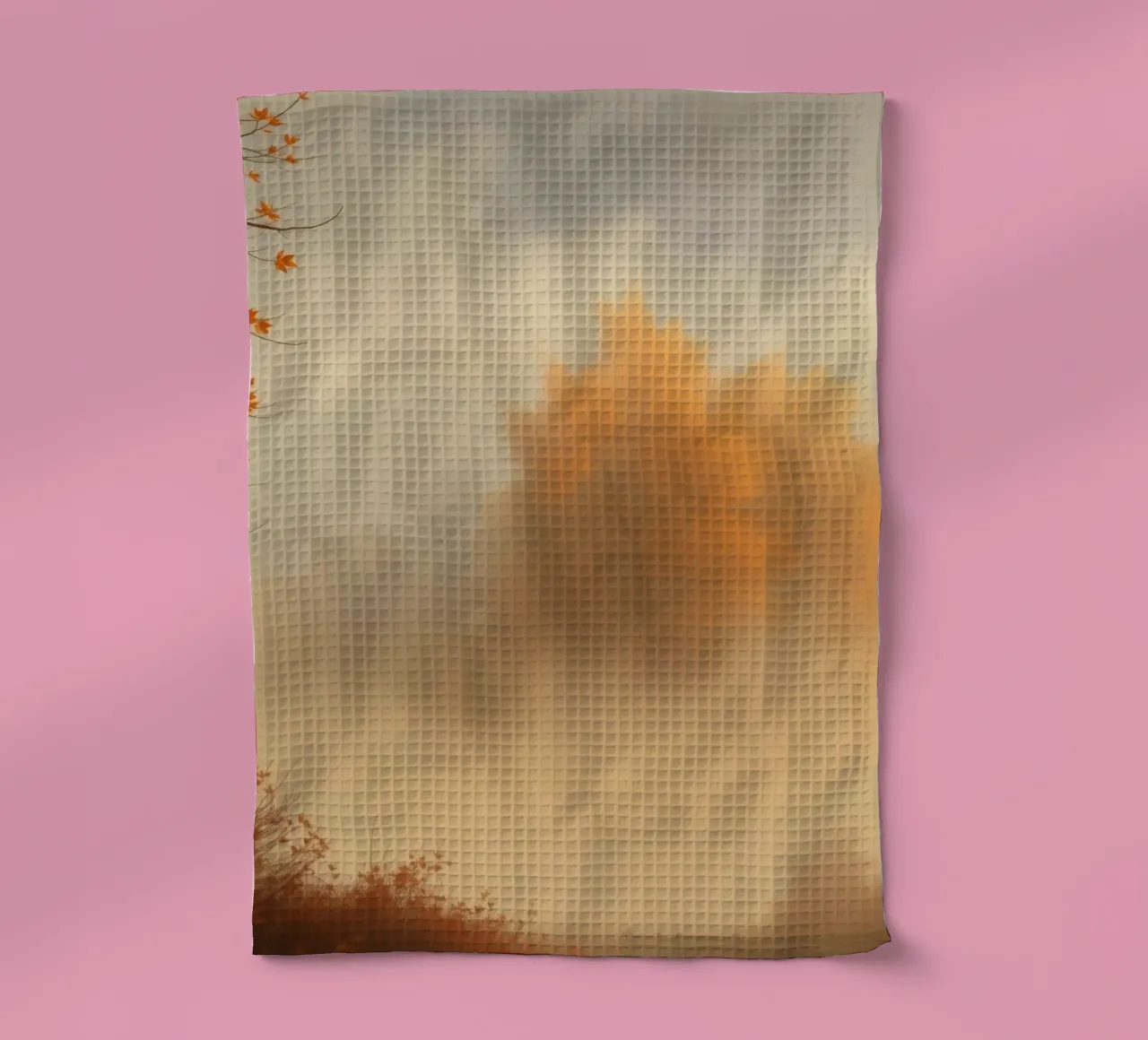 Lebendige Herbstbäume tauchen durch den Morgennebel auf Geschirrtuch von DesignDoodle