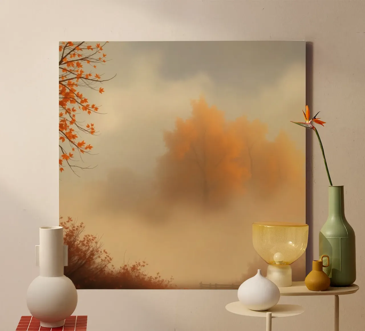 Vibrant autumn trees emerge through morning fog canvas by DesignDoodle