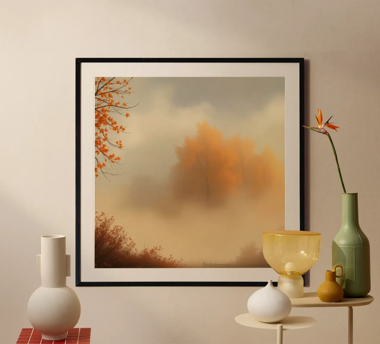 Vibrant autumn trees emerge through morning fog poster by DesignDoodle