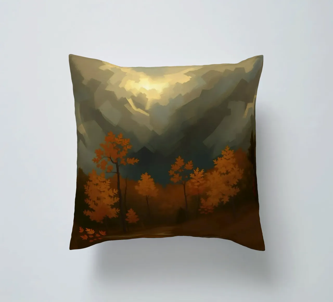 Golden autumn trees illuminated by a soft glow decorative cushion by DesignDoodle