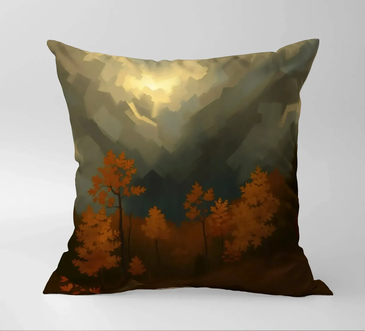 Golden autumn trees illuminated by a soft glow decorative cushion by DesignDoodle