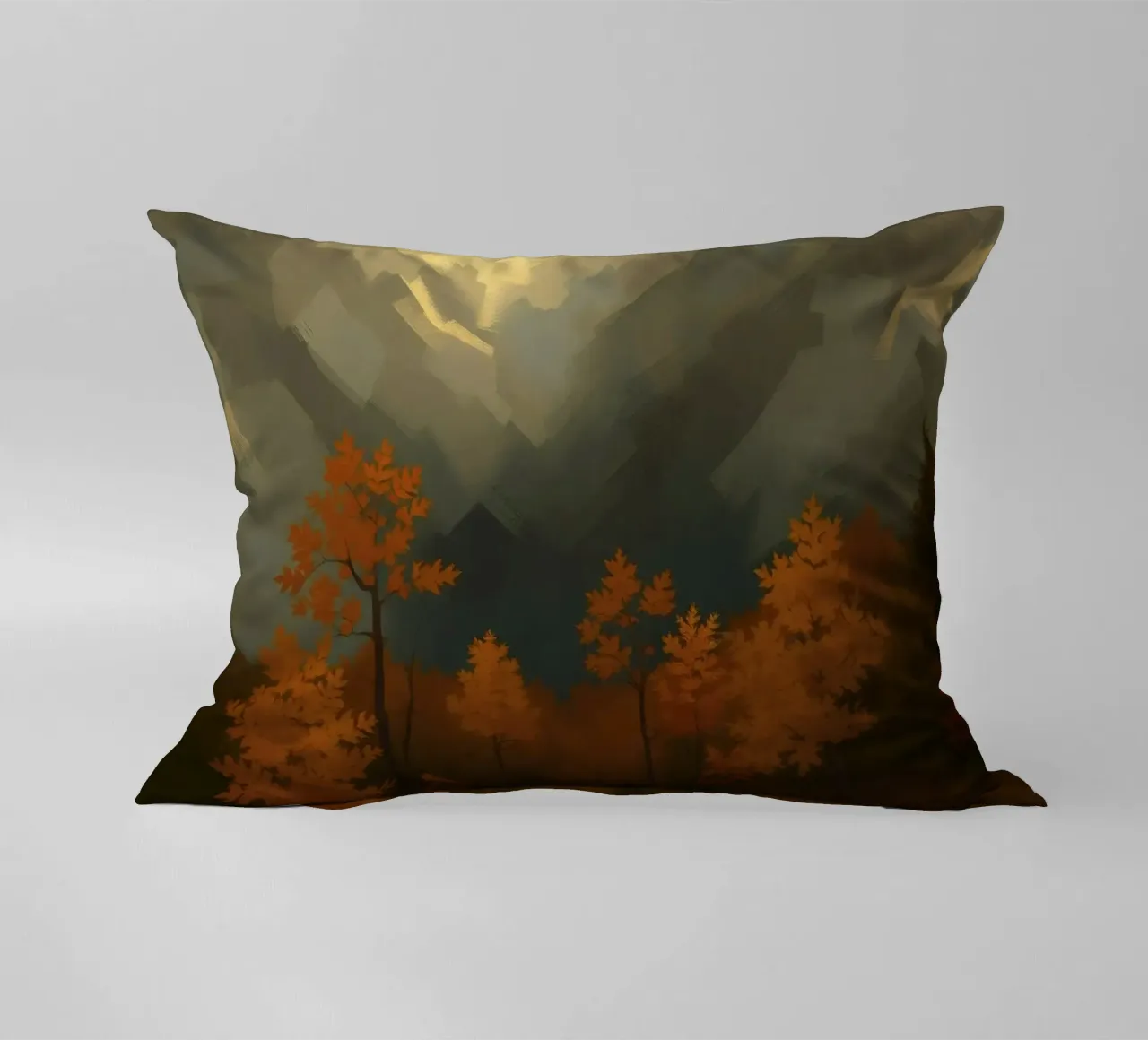 Golden autumn trees illuminated by a soft glow decorative cushion by DesignDoodle