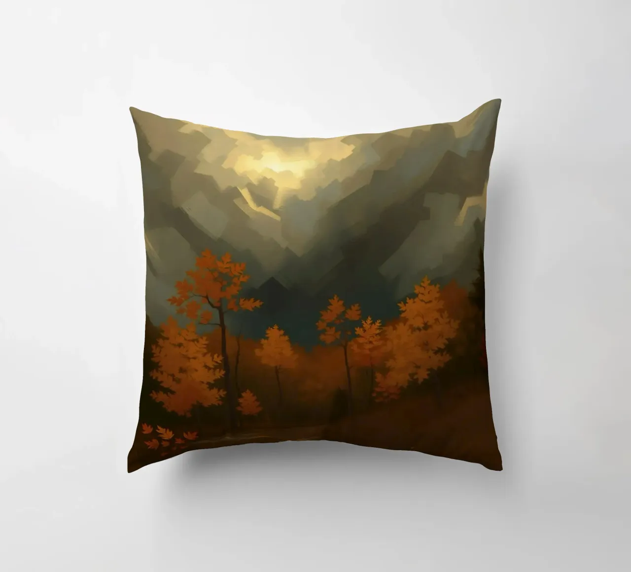 Golden autumn trees illuminated by a soft glow decorative cushion by DesignDoodle