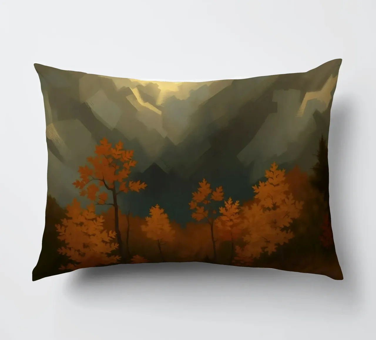 Golden autumn trees illuminated by a soft glow decorative cushion by DesignDoodle