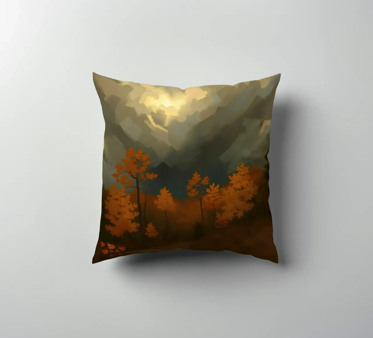 Golden autumn trees illuminated by a soft glow decorative cushion by DesignDoodle