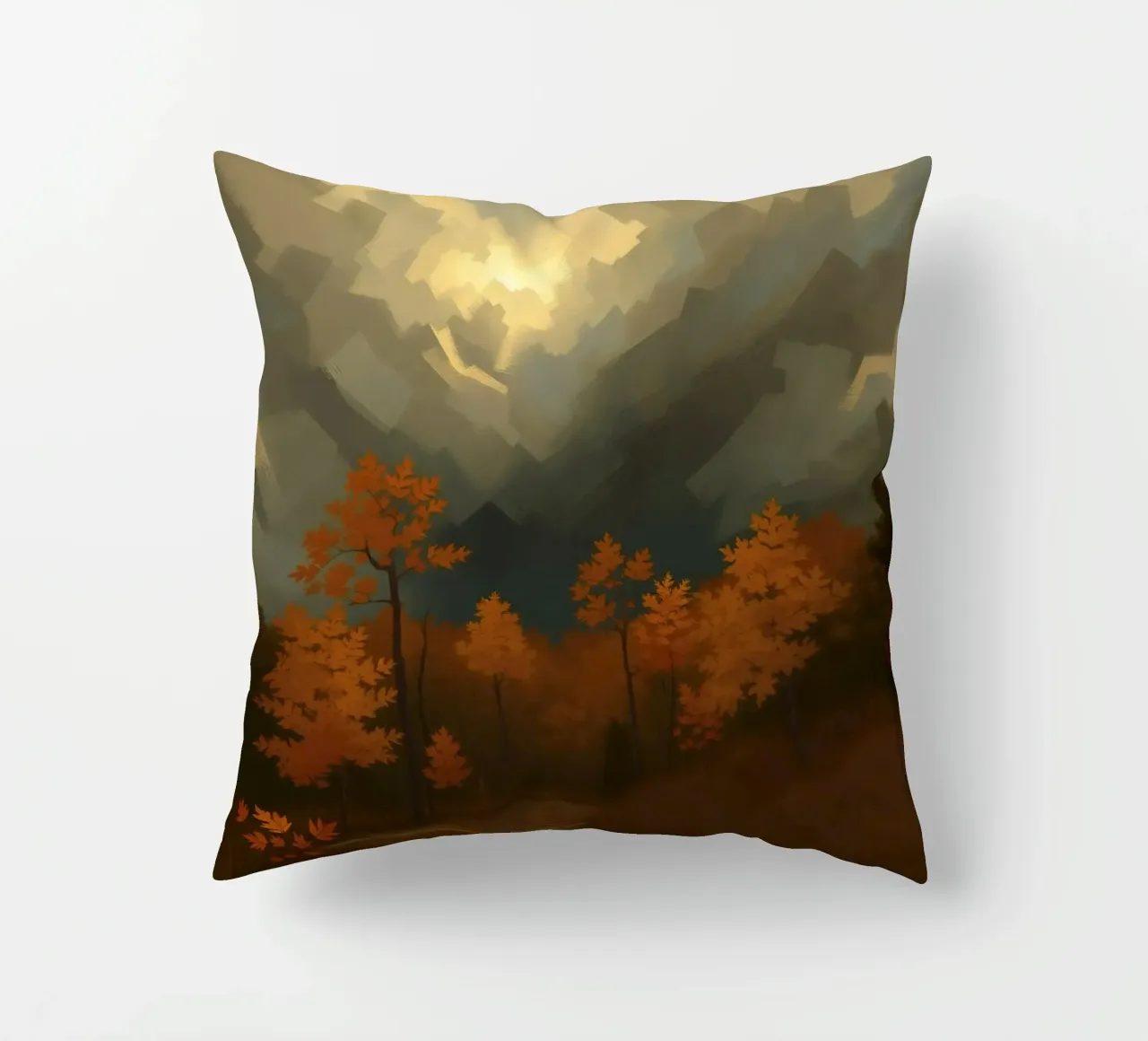 Golden autumn trees illuminated by a soft glow decorative cushion by DesignDoodle