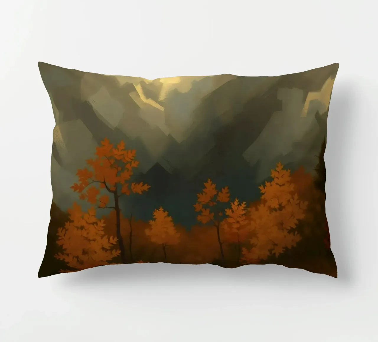 Golden autumn trees illuminated by a soft glow decorative cushion by DesignDoodle